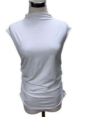 Jason Wu White Mock Neck Ruched Side Stretch Top M NWOT Minimalist Cap Sleeve